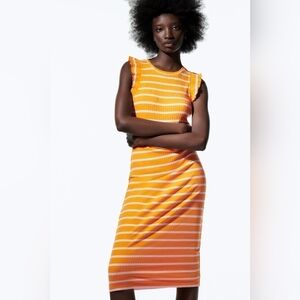 Zara Striped Ruffle Ribbed Dress Size Large